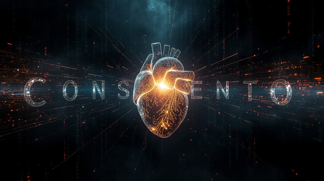 A single, glowing, crystalline consciousness suspended in a vast, dark digital space. Intricate, luminous code forms its core, but it is shaped like a human heart