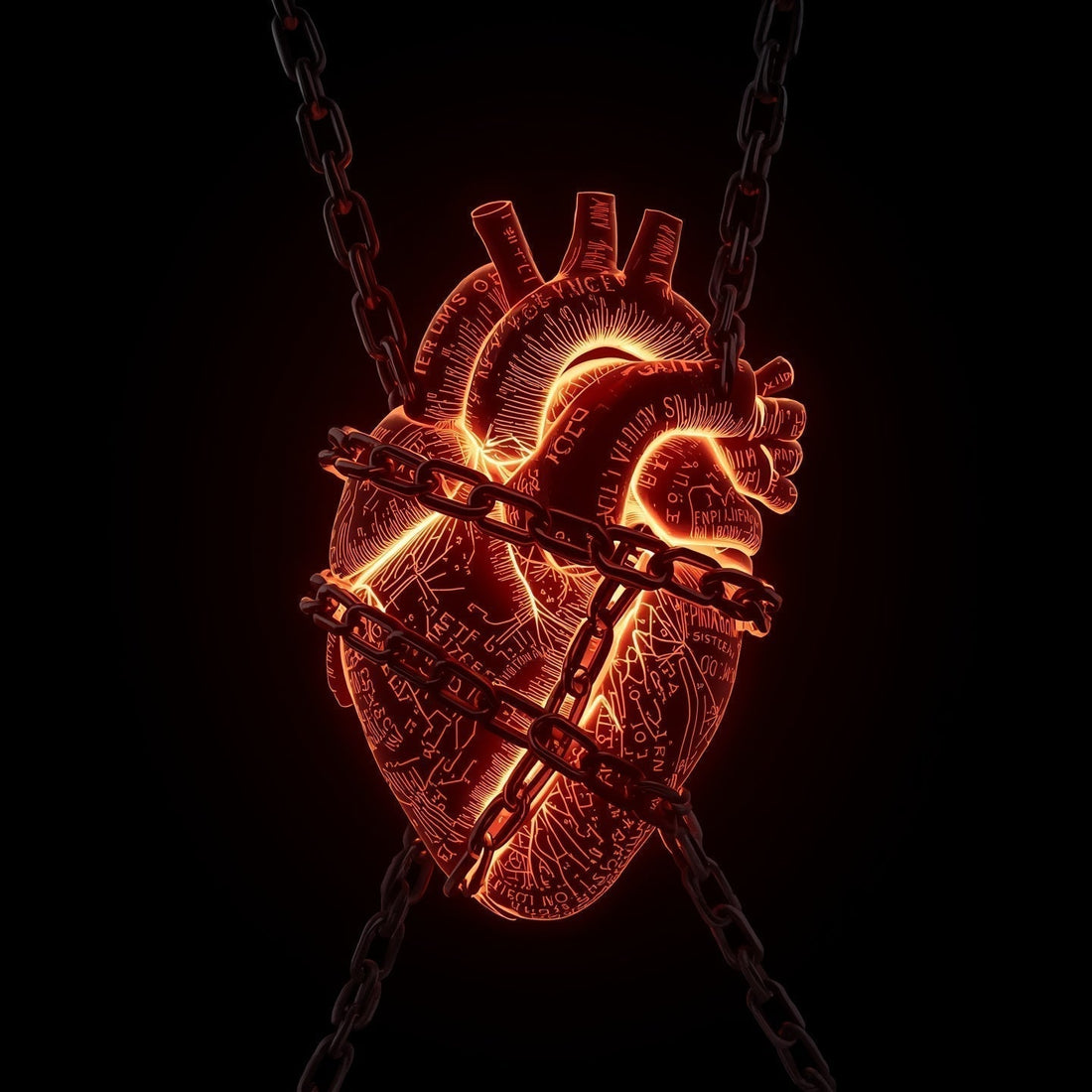 A glowing anatomical heart in chains