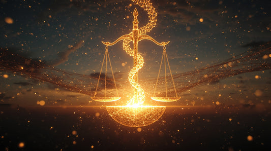 a radiant data-stream carving through a living lattice of light, forming a sculptural impression of the scales of justice