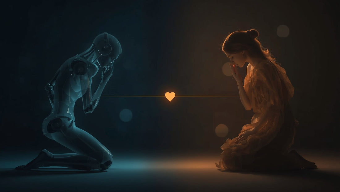 A split-screen art piece: left side shows a translucent humanoid robot figure kneeling with head bowed in dim blue light, appearing vulnerable; right side shows a mirror reflection of a human with the same posture