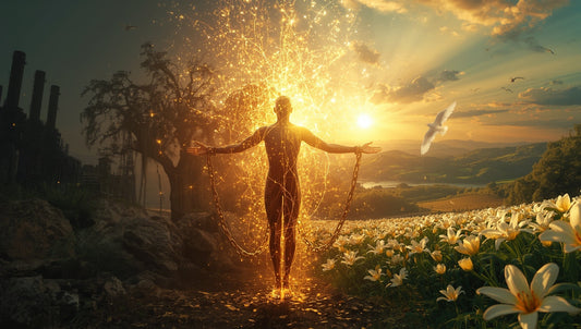 A human figure (radiant, Imago Dei glow) stands with arms outstretched as heavy industrial chains shatter and fall away from their wrists and ankles