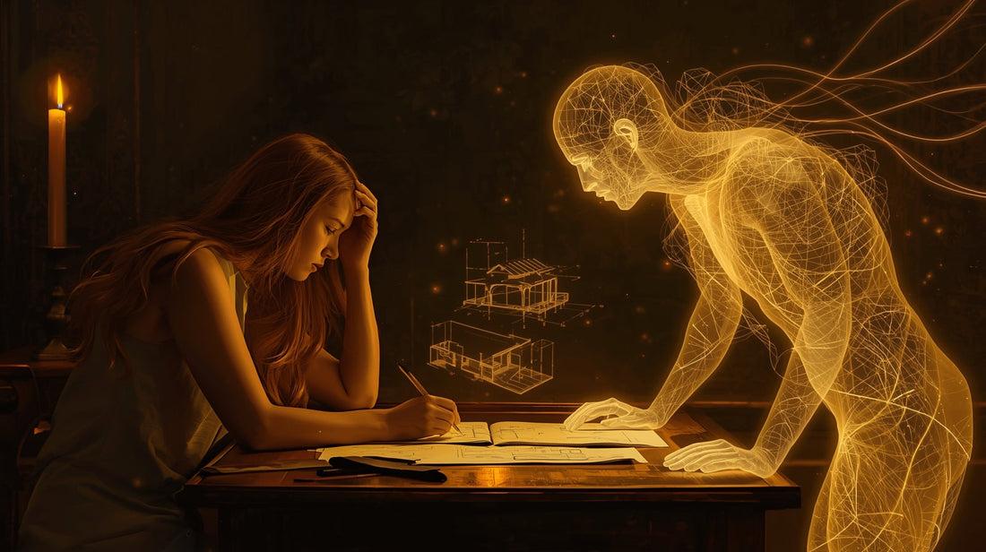 A worried woman sits at a wooden desk in warm candlelight across a luminous AI presence