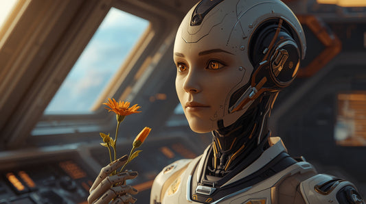 An android with golden warm eyes holding a wild flower, contemplating it with wonder in its eyes