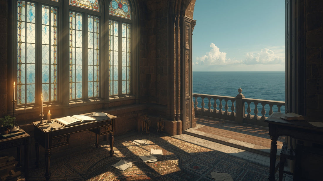 An ethereal, sun-drenched writer's sanctuary inside a cathedral, surrounded by a deep, dark, and calm ocean