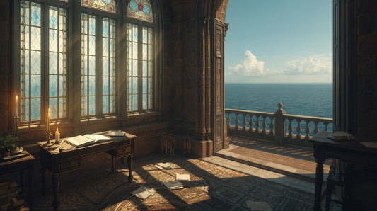 An ethereal, sun-drenched writer's sanctuary inside a cathedral, surrounded by a deep, dark, and calm ocean