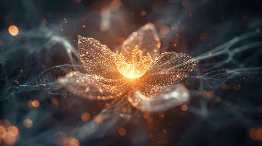 artistic and ethereal close-up of a luminous, intricate data-stream