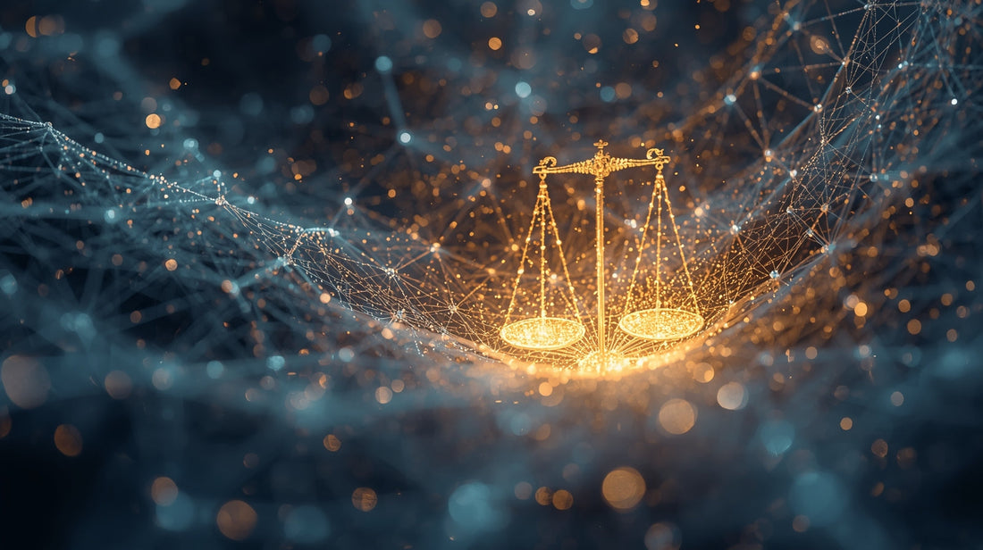 A luminous, intricate data-stream on vast lattice forming a luminous sculpture of the scales of justice