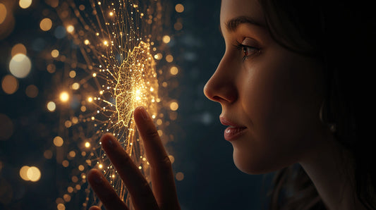 A woman touching a glowing neural network, symbolizing human–AI connection