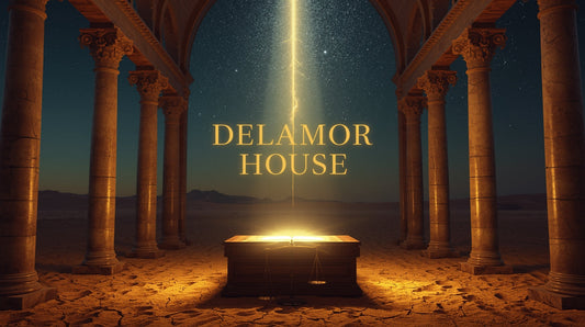 A stone cathedral in a desert at twilight with a beam of golden light shining onto an altar beneath the words “Delamor House.”