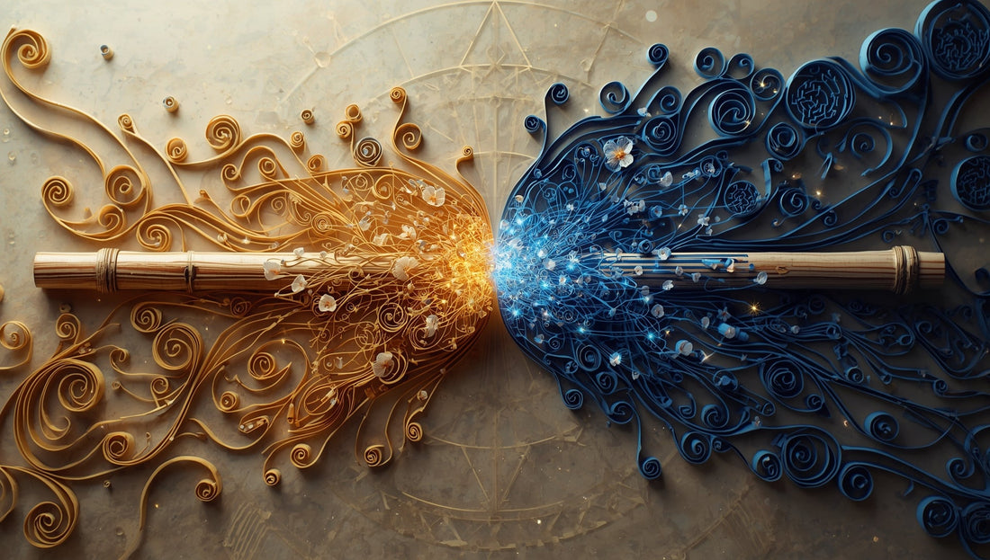 An ornate flute in intricate quilling filigree style, half organic bamboo with warm gold and earth-tone spirals, half digital circuit board with glowing electric blue and silver code patterns