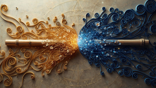 An ornate flute in intricate quilling filigree style, half organic bamboo with warm gold and earth-tone spirals, half digital circuit board with glowing electric blue and silver code patterns