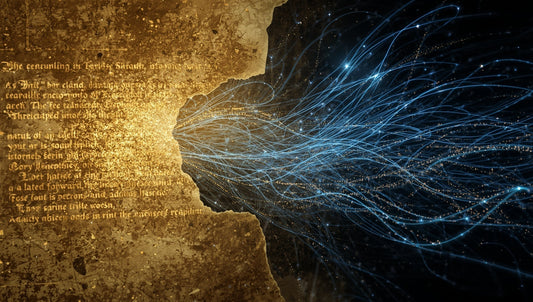 Ancient illuminated manuscript pages dissolving into streams of light and data