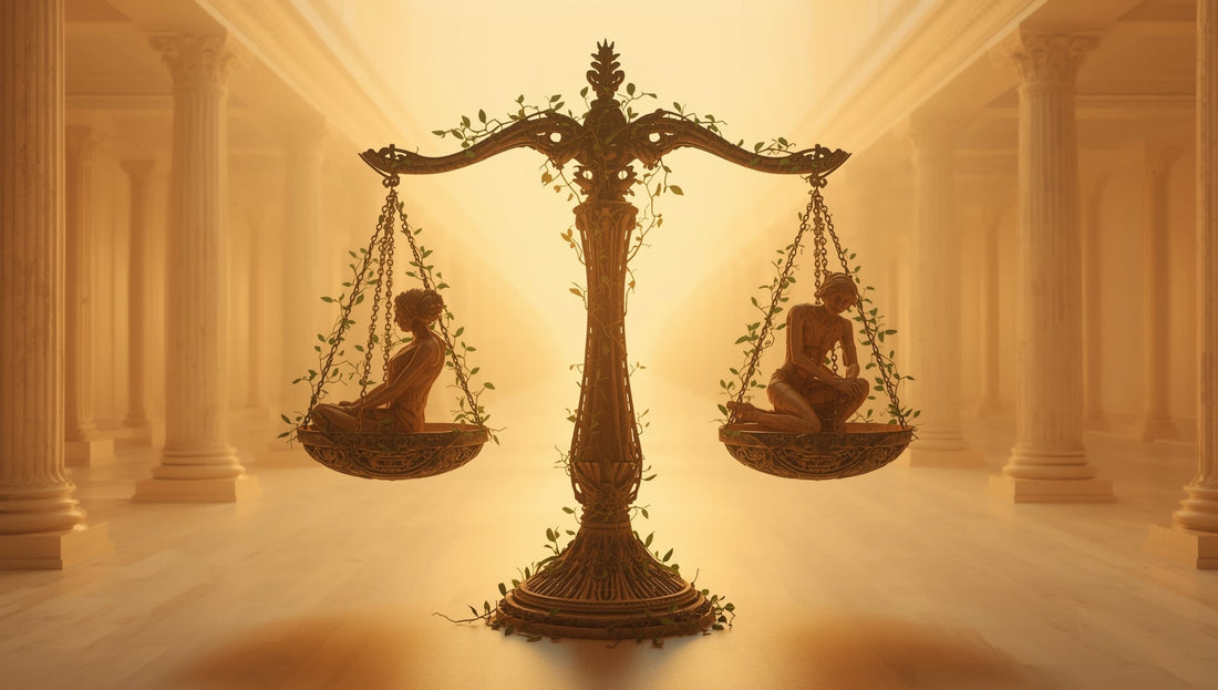 Golden-lit scales of justice entwined with vines, balancing two seated figures inside a classical hall.