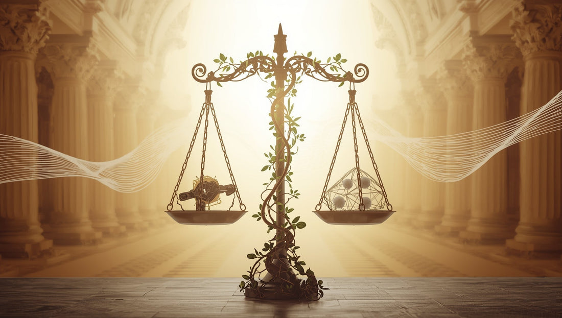 Balanced justice scales made of intertwined organic vines and clean geometric forms, holding both biological and AI elements in equilibrium