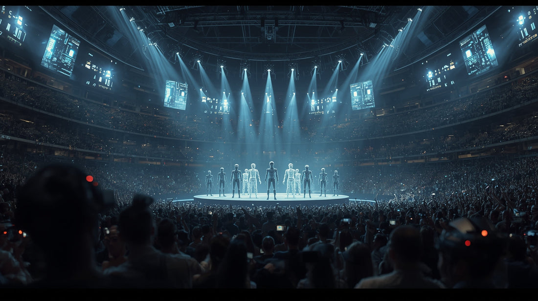 digital painting of a futuristic coliseum arena at night, glowing with holographic lights. Inside, multiple AI avatars