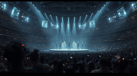digital painting of a futuristic coliseum arena at night, glowing with holographic lights. Inside, multiple AI avatars
