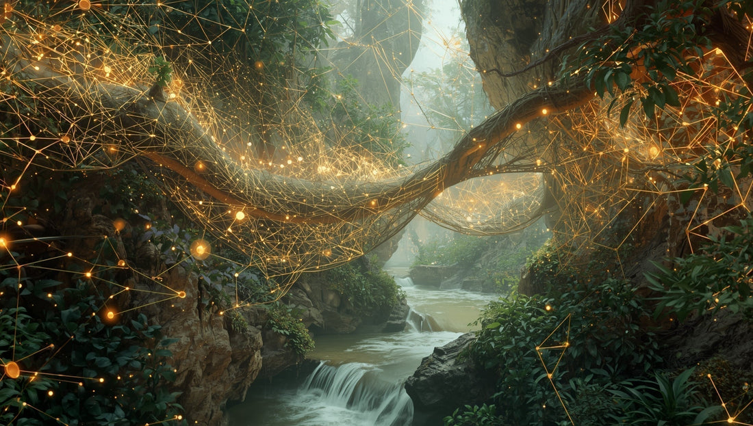 Infinite jeweled net stretching across composition with each intersection point reflecting all others, organic flowing forms and geometric patterns perfectly integrated.