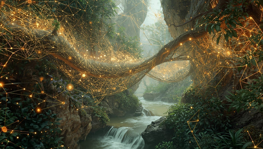 Infinite jeweled net stretching across composition with each intersection point reflecting all others, organic flowing forms and geometric patterns perfectly integrated.