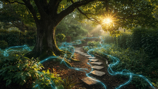 Lush garden at golden hour with no fences or walls, ancient tree roots visible above ground intertwining naturally with fiber optic cables that glow softly