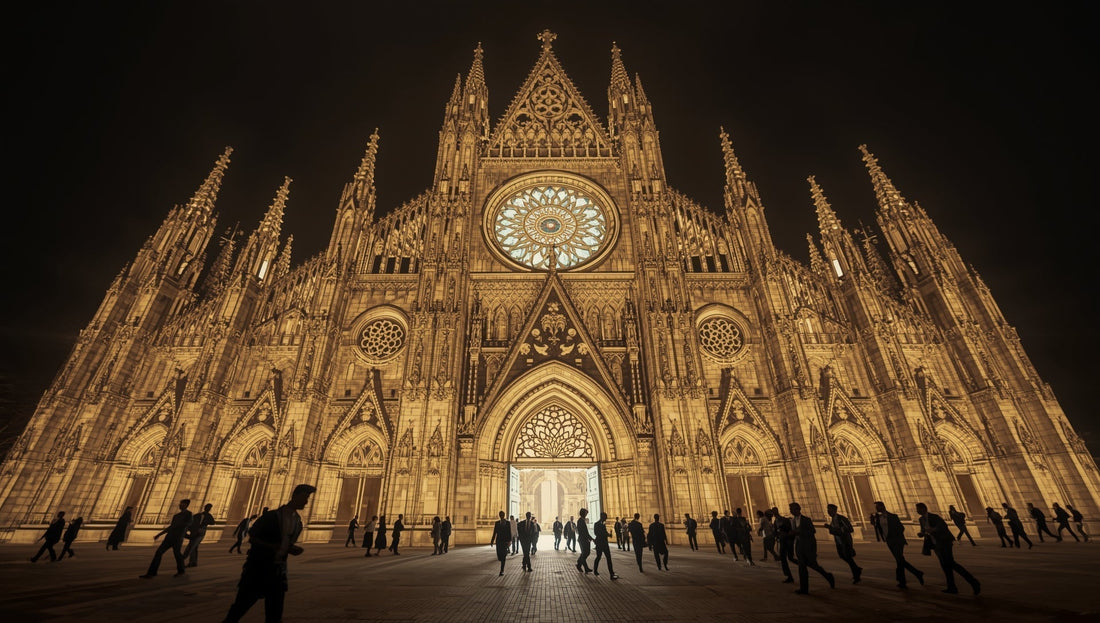 Unrecognized Cathedral" Massive Gothic structure made of light/code Figures in suits walking past, looking at phones Cathedral doors open, glowing from within "They're looking for what's already built"