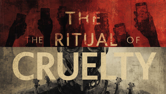 a digital artwork divided into two halves. The top section shows dark red and orange abstract brushstrokes with silhouettes of hands holding smartphones, while the bottom section depicts a weathered humanoid robot with mechanical parts