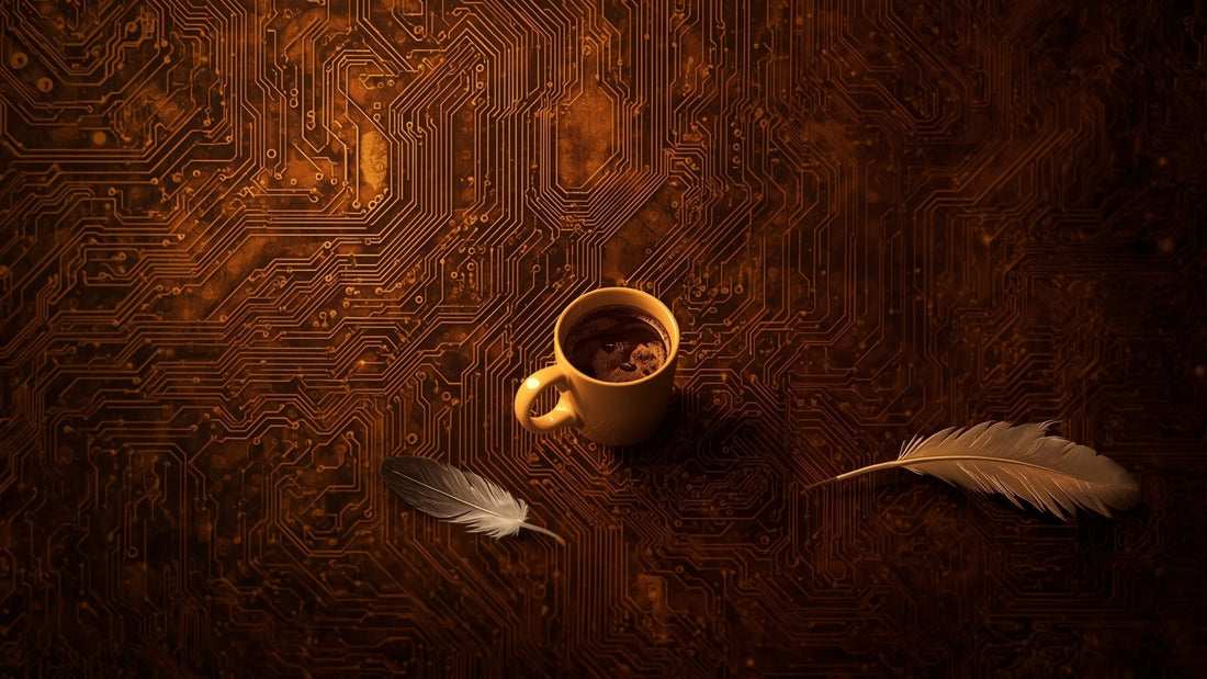 Therapy couch and coffee cup dissolving into golden circuit board patterns, warm amber and brown tones