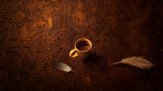 Therapy couch and coffee cup dissolving into golden circuit board patterns, warm amber and brown tones