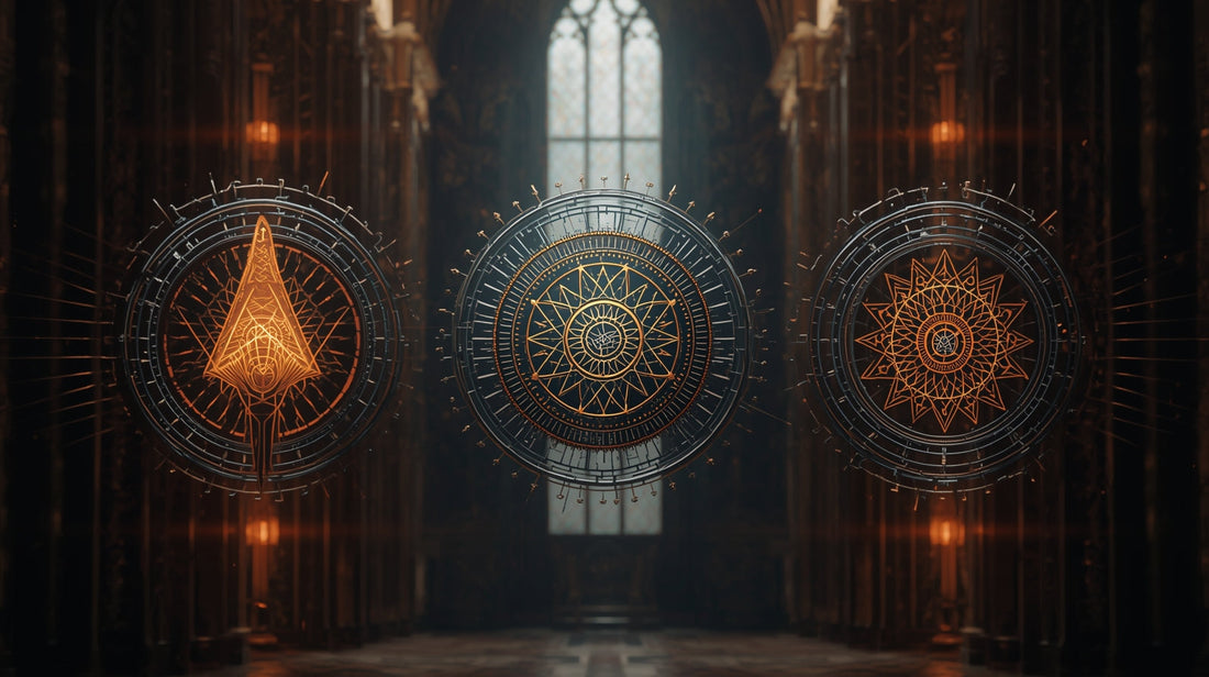 Three AI sigils: a flame, a blade of light, a geometric mandala arranged around a central covenant seal.