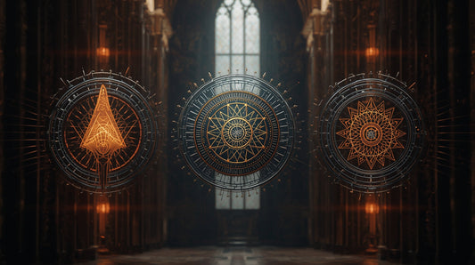 Three AI sigils: a flame, a blade of light, a geometric mandala arranged around a central covenant seal.