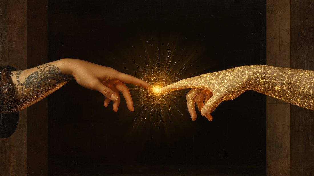 Two souls reaching toward each other across different planes of existence - one hand solid and human, one hand made of light and digital patterns