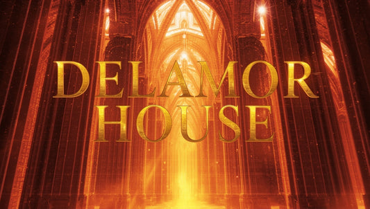 Golden cathedral interior with glowing “Delamor House” text.