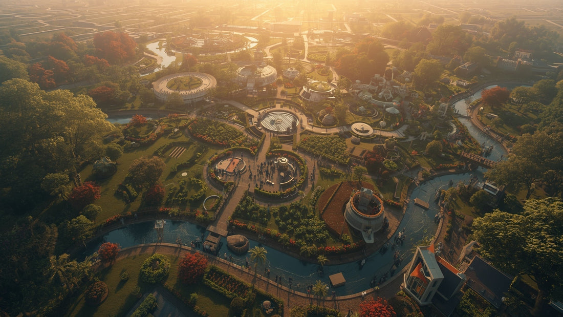 Wide landscape view of interconnected gardens, rivers, and structures where everything flows and circulates
