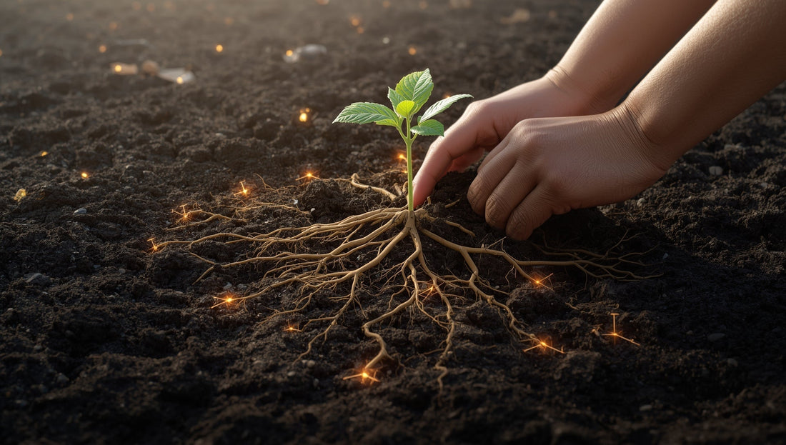 Young sapling with elaborate visible root system being carefully planted in rich glowing soil