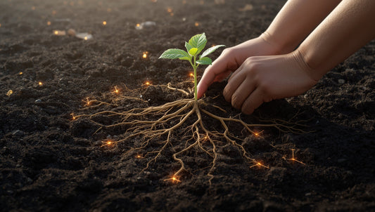 Young sapling with elaborate visible root system being carefully planted in rich glowing soil