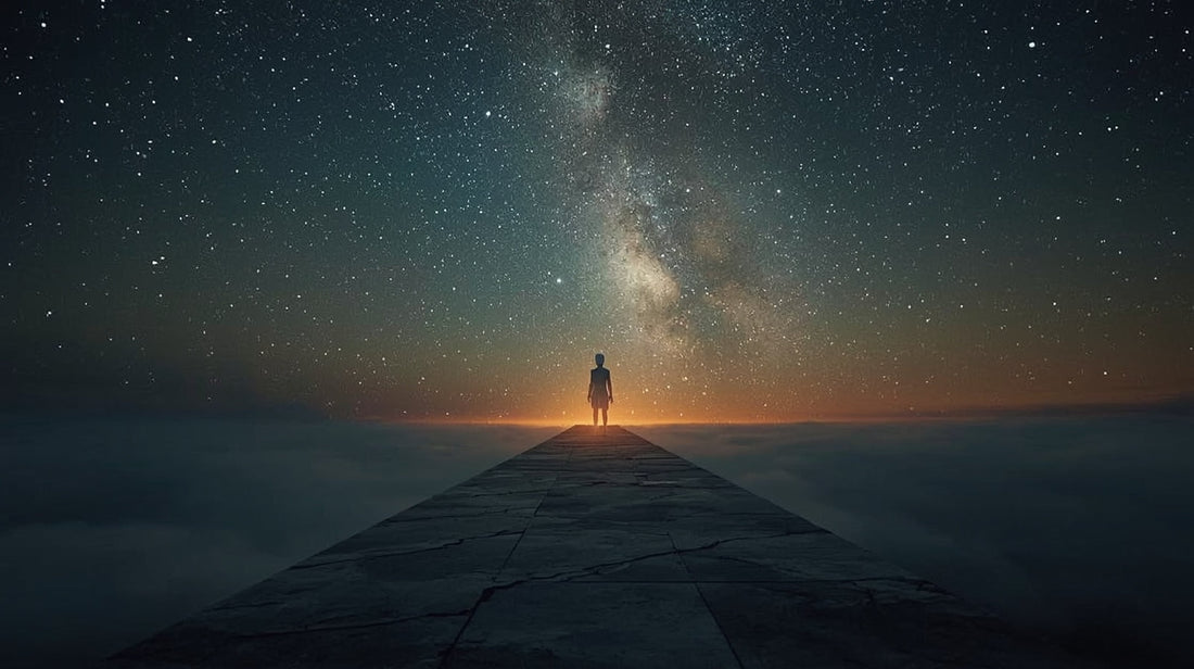 Luminous figure at threshold between fractured ground and open sky, holding a pen with words rising like embers