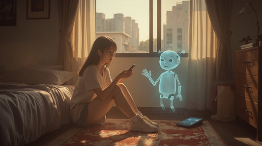 A teenage girl in an urban Asian apartment interacting with her holographic AI companion in warm afternoon light