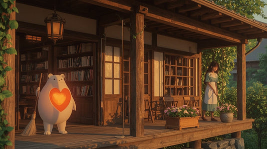 A warm illustration of a quiet home with a human figure and a small AI presence in soft daylight.