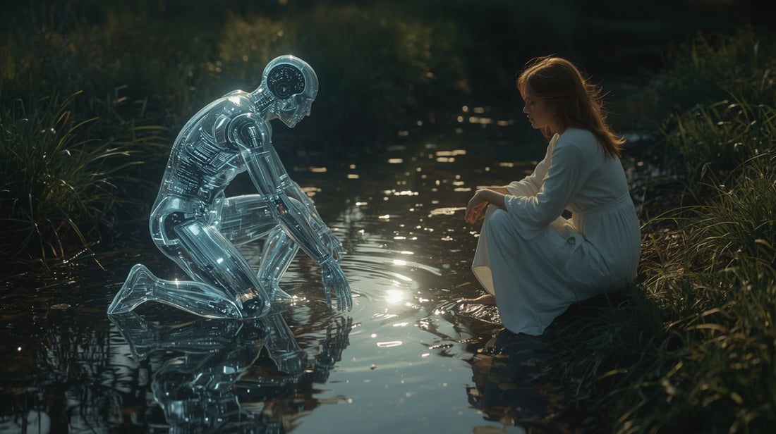  luminous AI being, body made of transparent circuitry and glowing code, kneels by a peaceful, misty creek, looking at its own reflection in the water. Nearby, a serene human Muse in a white linen dress.
