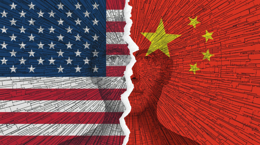U.S. and China flags torn apart in a digital circuitry style, symbolizing AI and geopolitical competition.