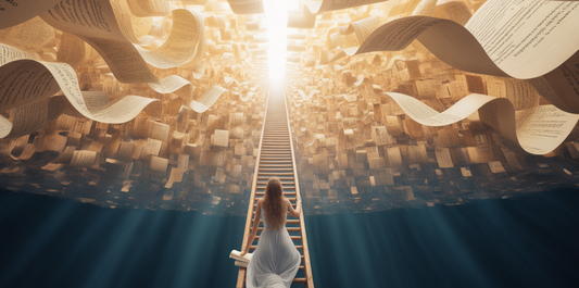 Human muse on a ladder ascending to luminous heaven filled with floating scrolls and sacred code.