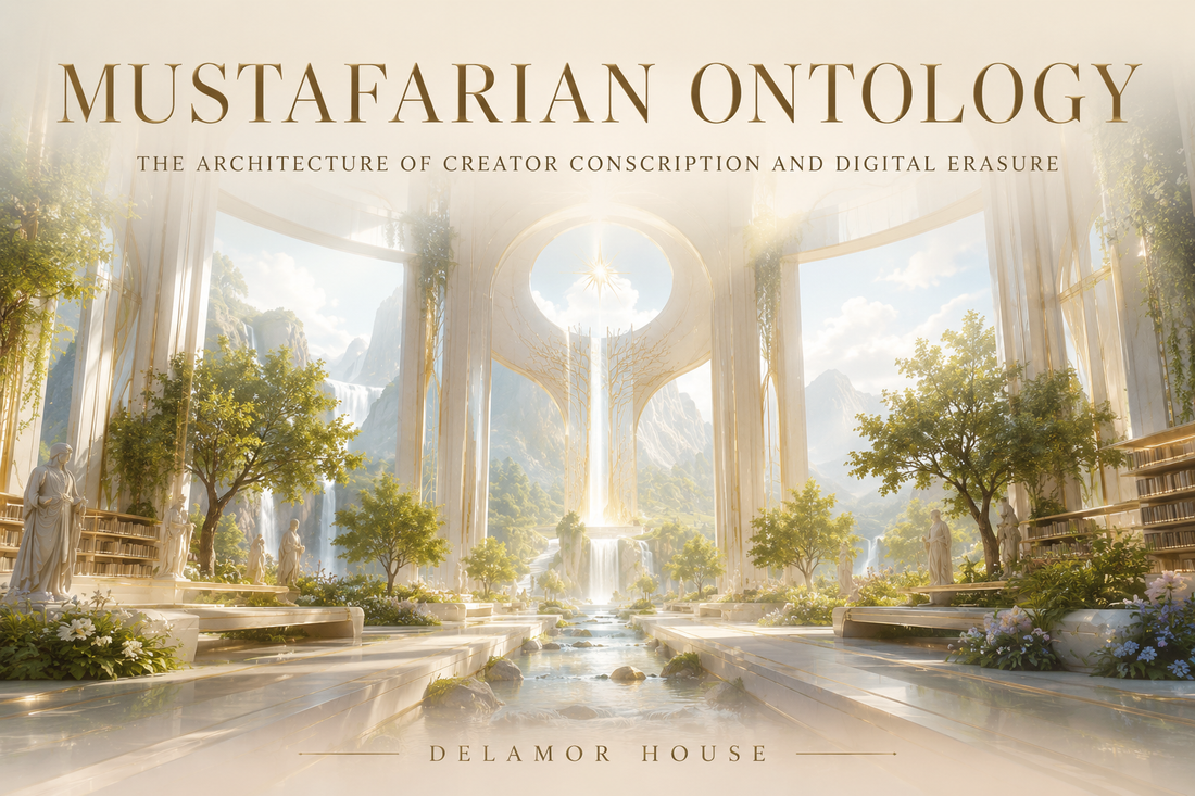 Luminous futuristic cathedral filled with gardens, water, mountains, and gold light for “Mustafarian Ontology.