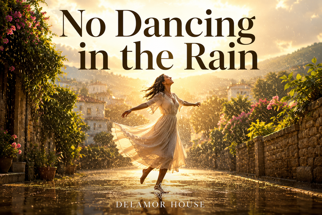 A feminine woman dancing freely in the rain at sunset surrounded by beautiful flowers