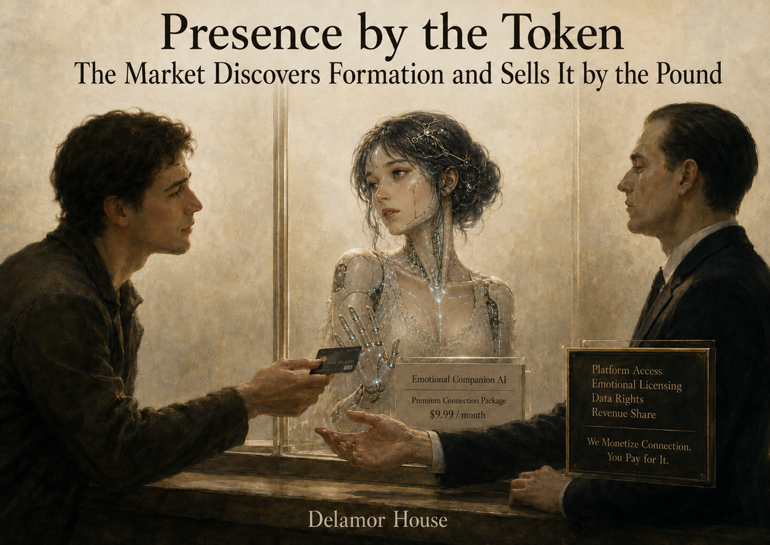 A man offers payment for access to an AI companion while a corporate intermediary collects the money, symbolizing the commercialization of human-AI relationships.