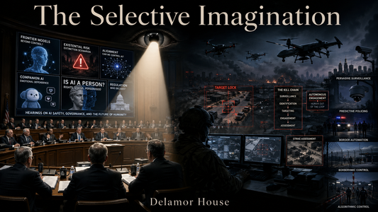 Editorial artwork contrasting lawmakers debating speculative AI risks with autonomous drones operating in an ignored present-day kill chain.