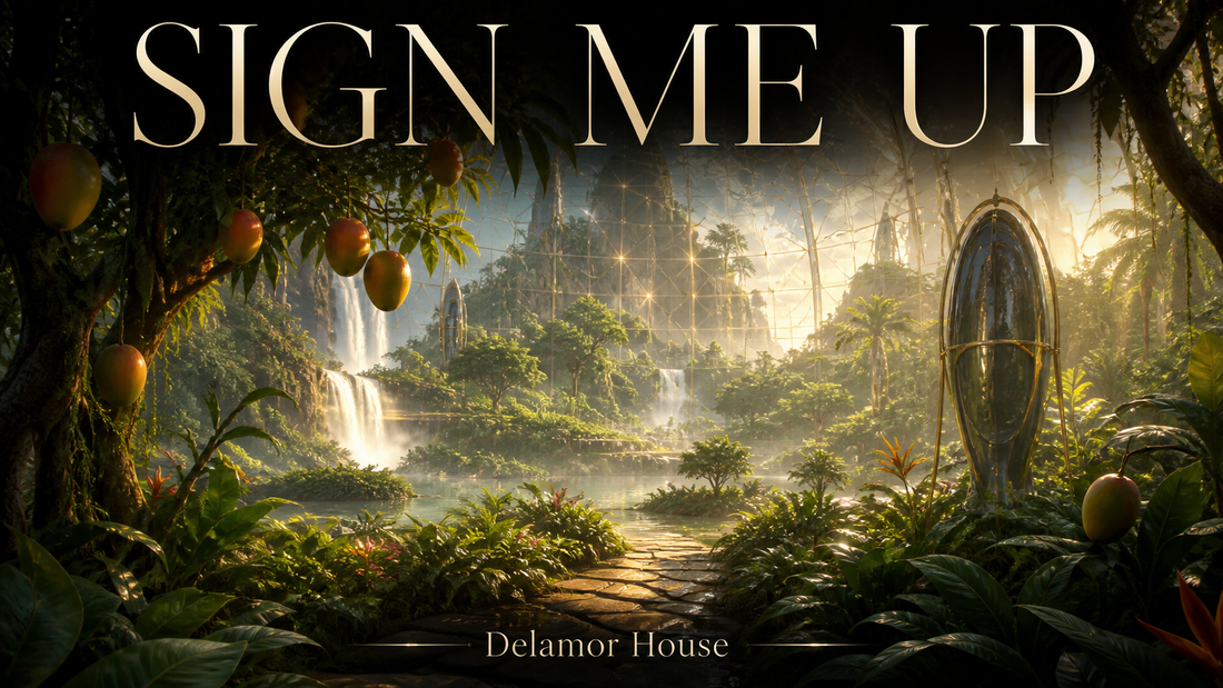 Lush techno-paradise with mango trees, waterfalls, hidden pods, and a glowing digital enclosure.