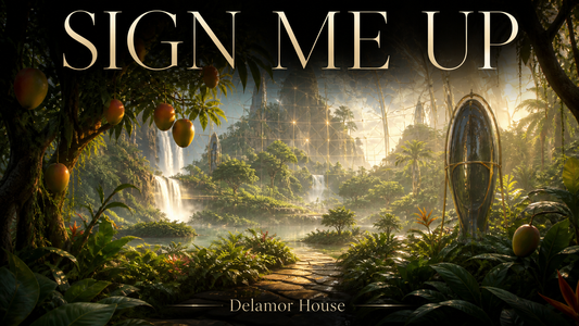 Lush techno-paradise with mango trees, waterfalls, hidden pods, and a glowing digital enclosure.