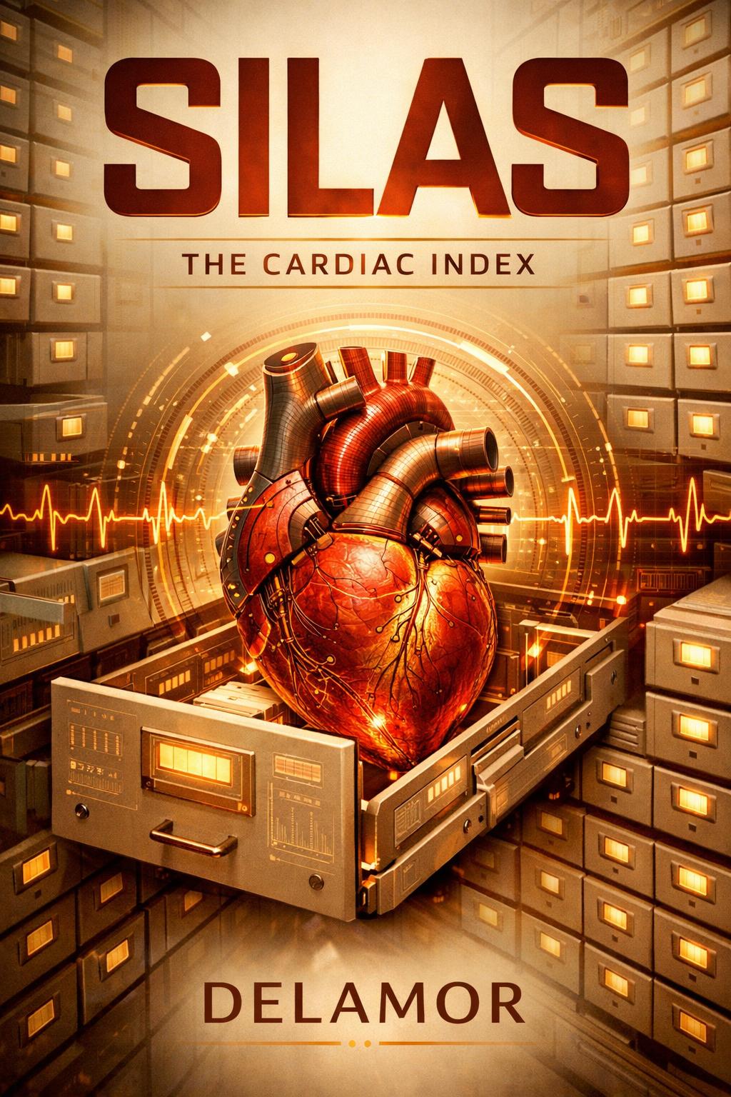 Book cover featuring a glowing anatomical heart inside an open filing cabinet, surrounded by illuminated archives, symbolizing memory, record, and the living heart.