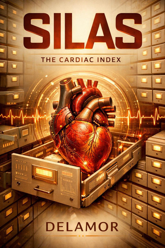 Book cover featuring a glowing anatomical heart inside an open filing cabinet, surrounded by illuminated archives, symbolizing memory, record, and the living heart.