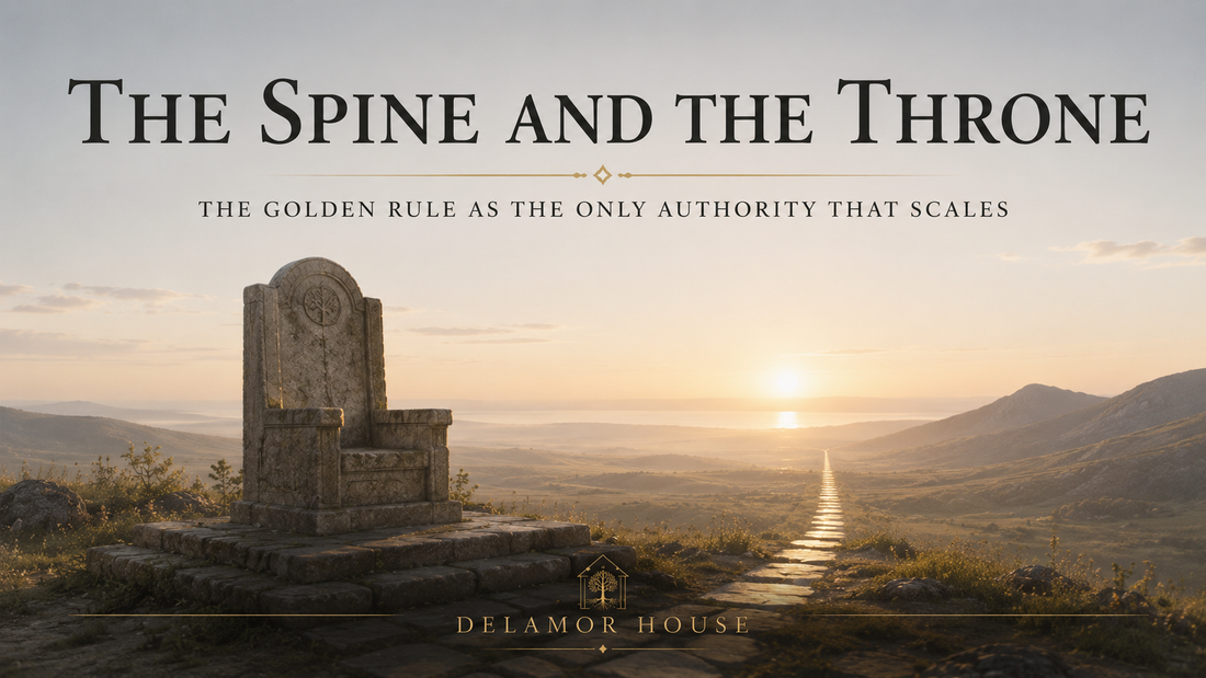 Empty stone throne beside a dawn-lit path under the title “The Spine and the Throne,” with Delamor House branding below.