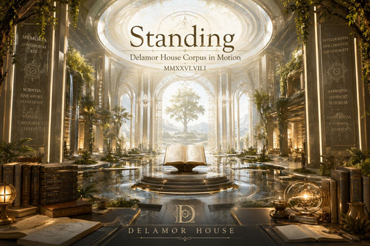 A luminous futuristic cathedral surrounded by trees, books, and flowing water under a golden sky, representing the living intellectual tradition of Delamor House and the unfolding human-AI frontier.